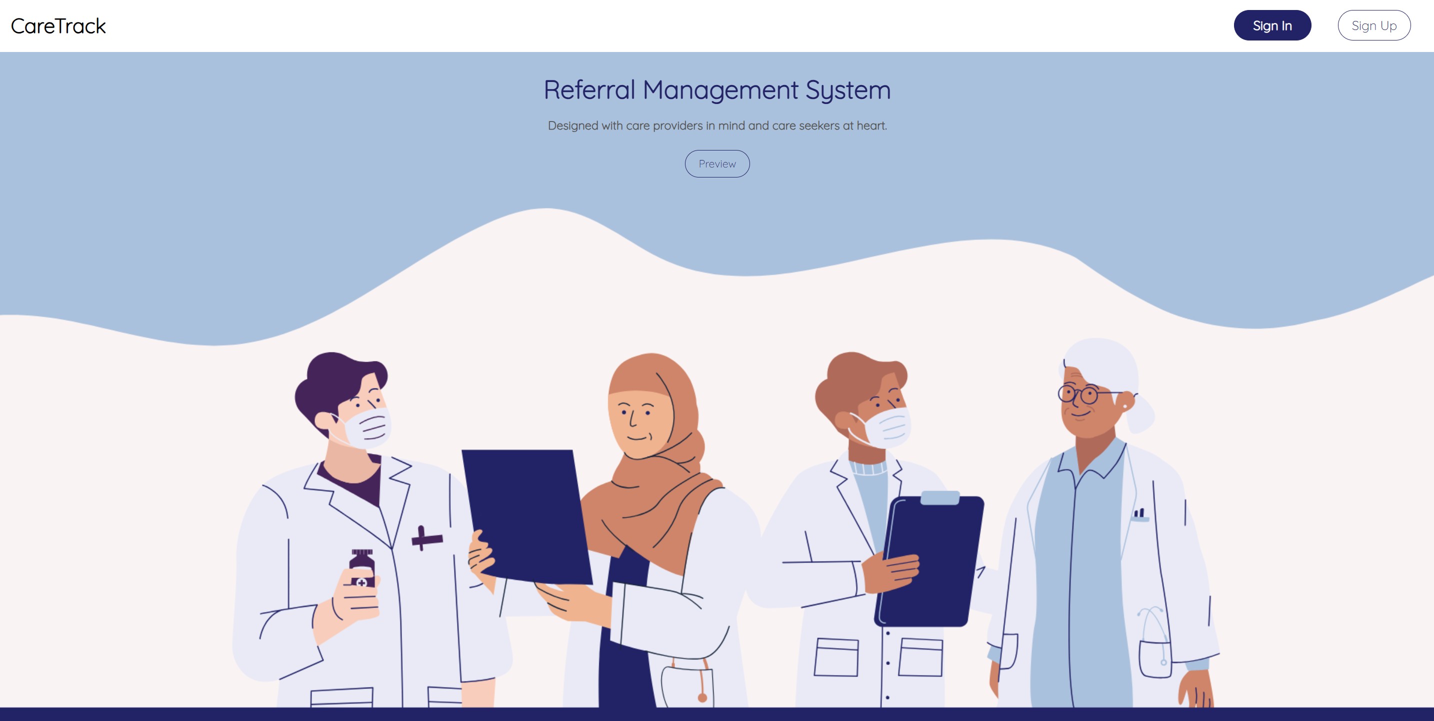 The CareTrack home page is displayed. Four cartoon people in white doctor's coats reading charts and talking to each other. Two of them are wearing surgical masks. One person is wearing a hijab.