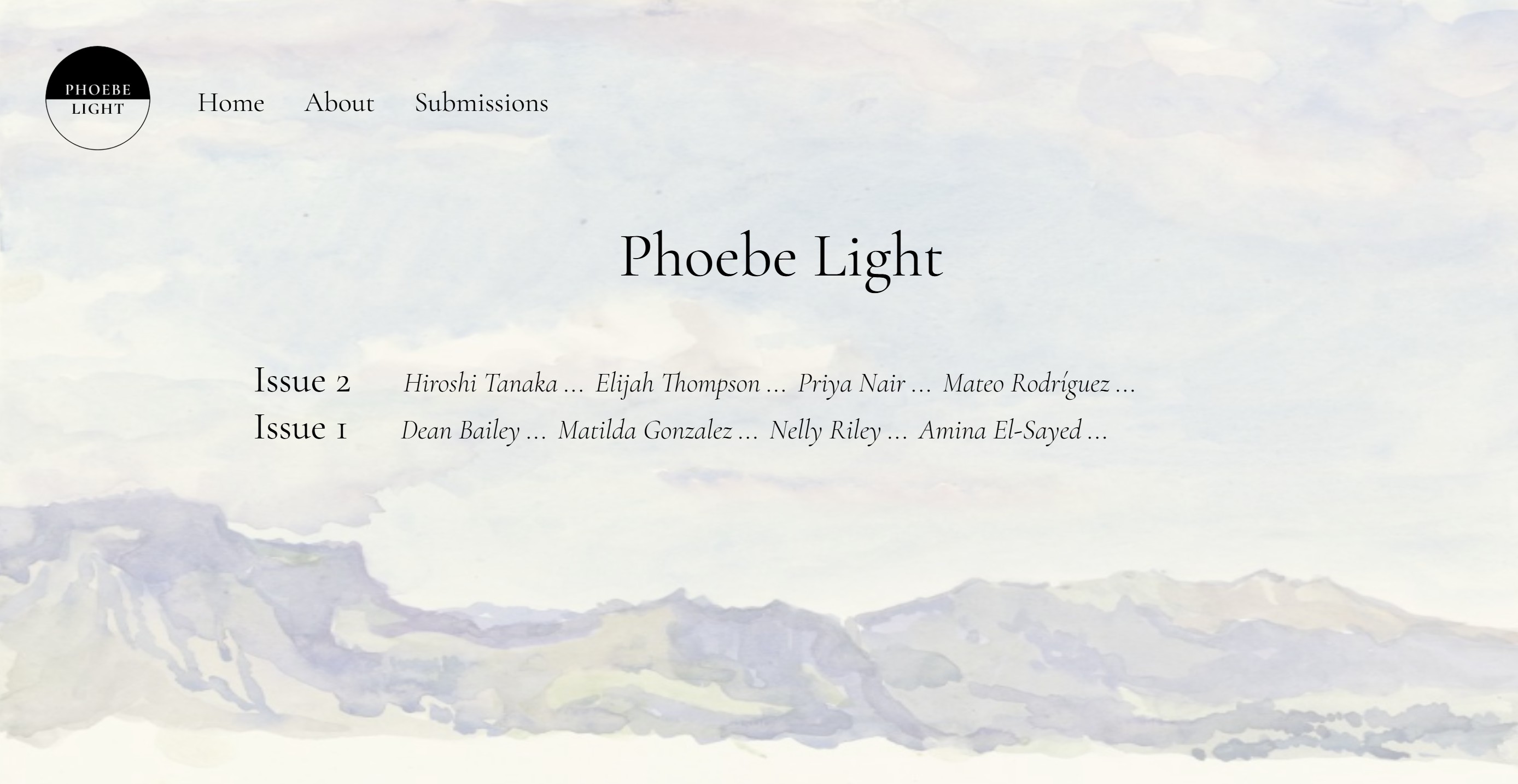 An overview of the Phoebe Light website that shows the logo in the top left, the navbar spread out to the right, the name centered below, all displayed over the background image of a watercolor mountain landscape.